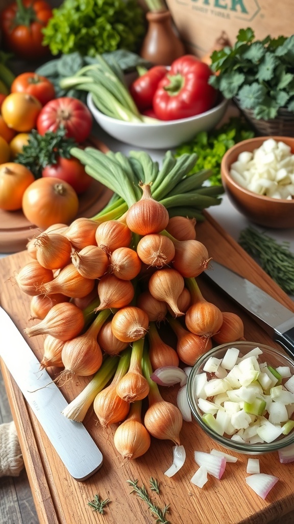 Fresh onion tops on a cutting board with a knife and bowl of chopped tops in a rustic kitchen.